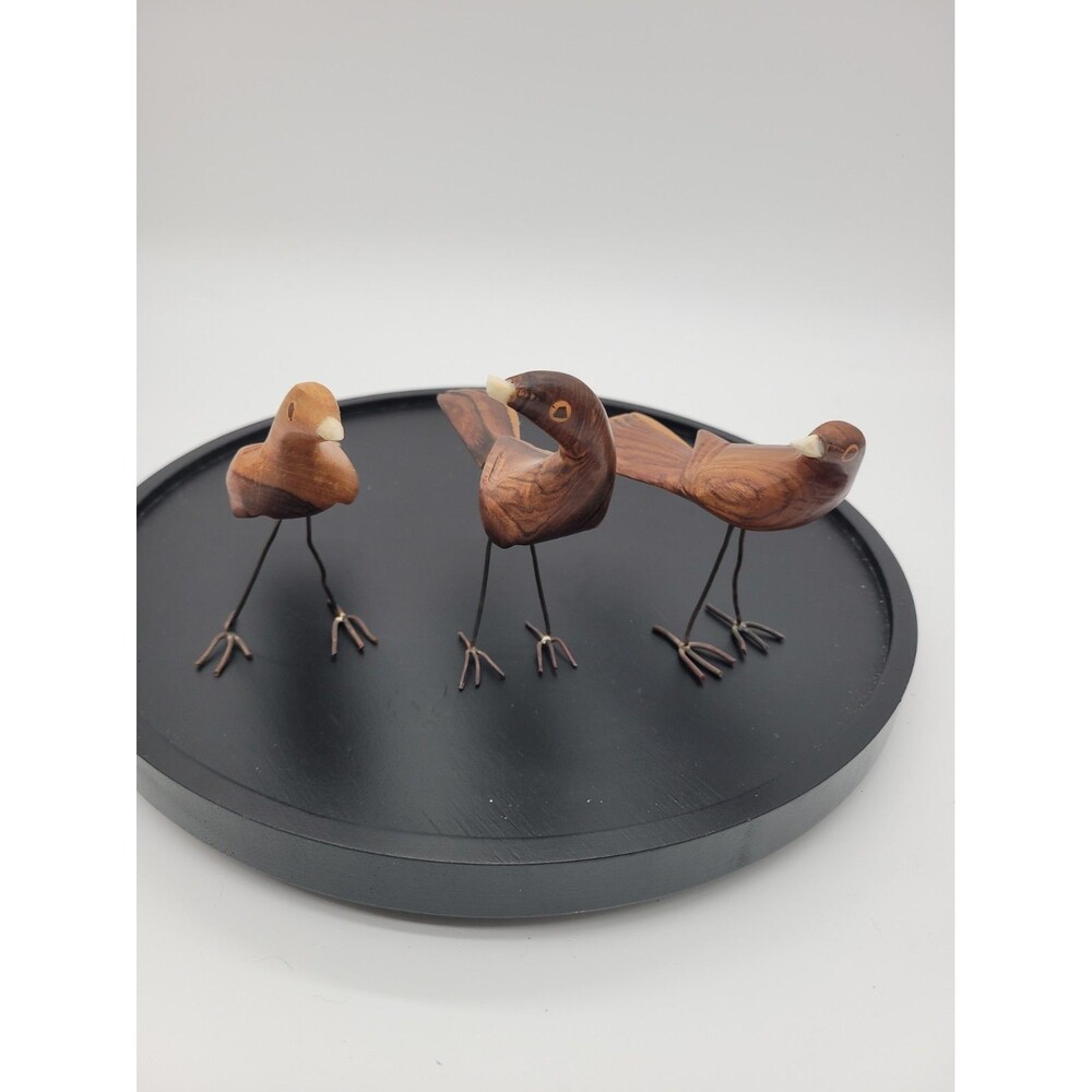 Lot Of 3 Handcarved Wooden Birds With Wire Feet Figurines MCM 4.5 Inches